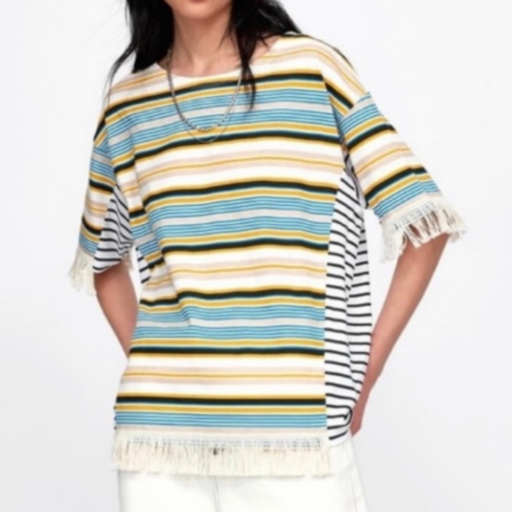Zara Striped Fringe Mixed Print Short Sleeve T-Shirt. Size Large.